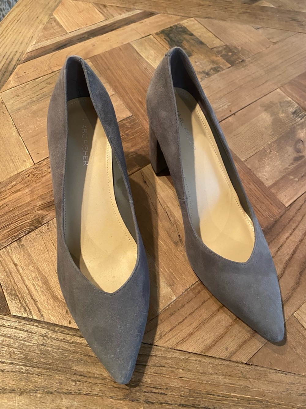 Marc Fisher Gray Suede Pointed Block Heel Pumps